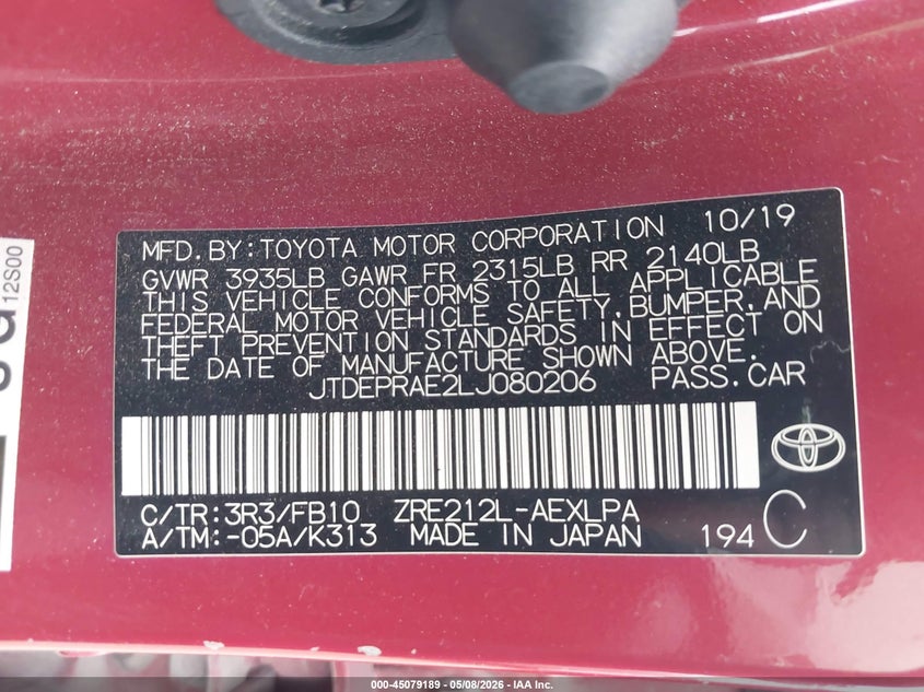 2020 TOYOTA COROLLA SEDAN 1.8L I-4 DOHC, VVT, 139HP
