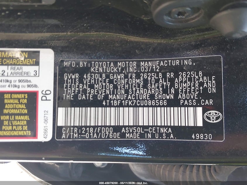 2012 TOYOTA CAMRY SEDAN 2.5L I-4 DOHC, VVT, 178HP