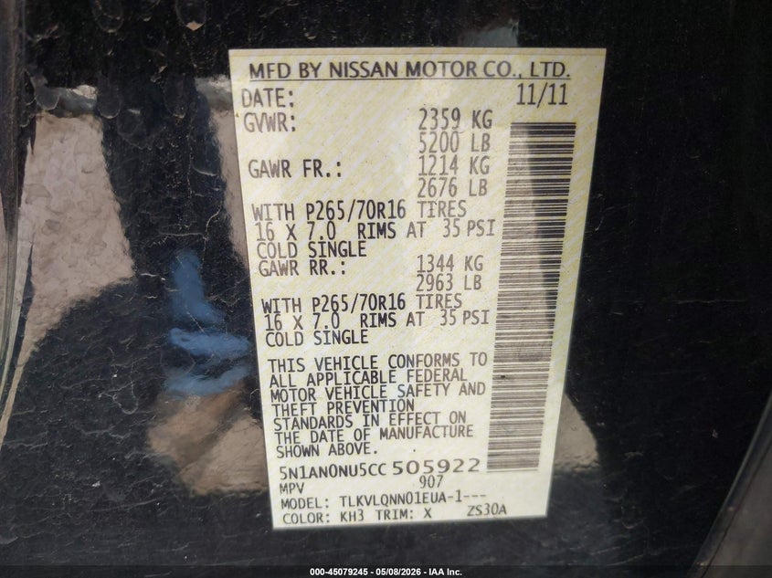 2012 Nissan Xterra X VIN: 5N1AN0NU5CC505922 Lot: 45079245