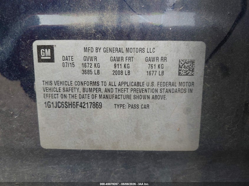 2015 Chevrolet Sonic Lt Auto VIN: 1G1JC6SH6F4217869 Lot: 45079287