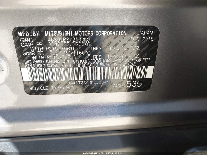 2019 Mitsubishi Eclipse Cross Es VIN: JA4AT3AAXKZ033441 Lot: 45079382