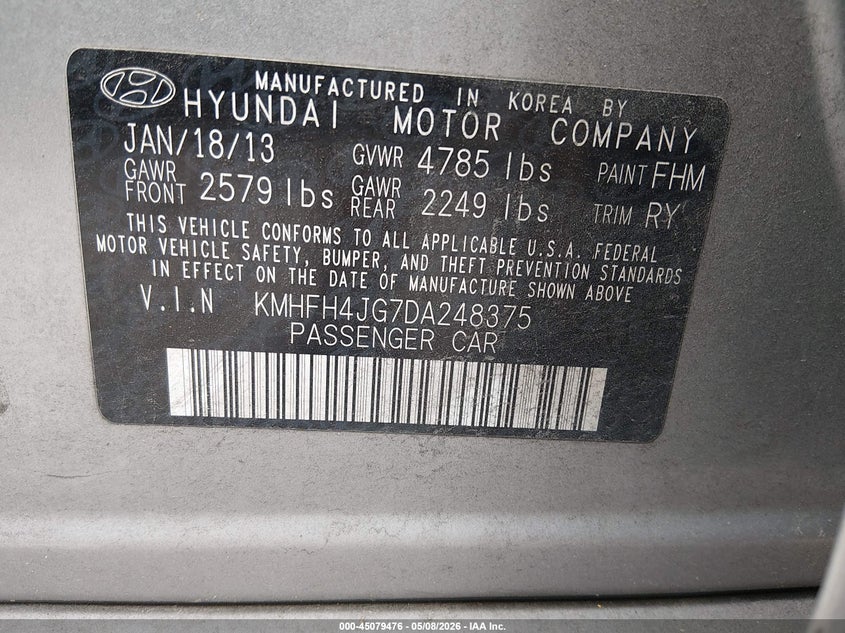 2013 Hyundai Azera VIN: KMHFH4JG7DA248375 Lot: 45079476
