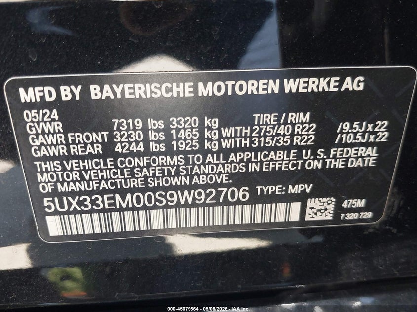 2025 BMW X7 M60I VIN: 5UX33EM00S9W92706 Lot: 45079564