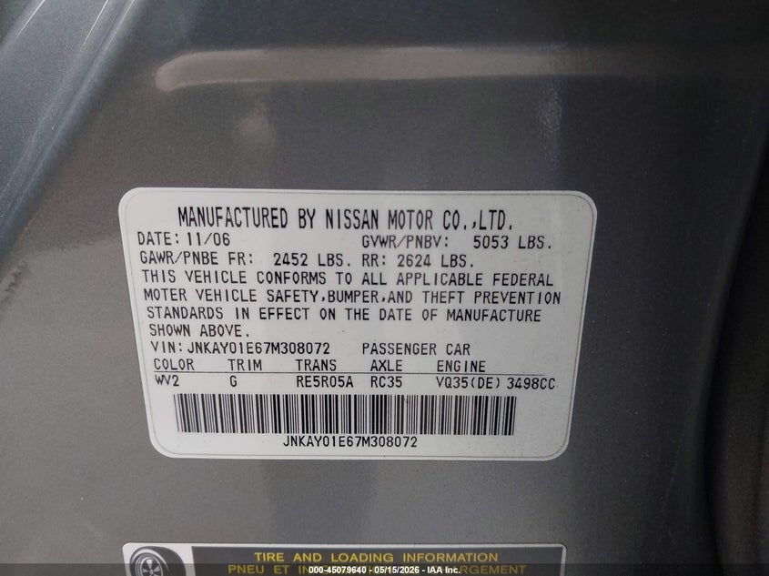 2007 Infiniti M35 VIN: JNKAY01E67M308072 Lot: 45079640