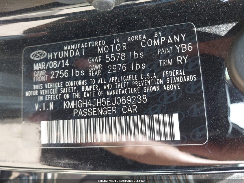2014 Hyundai Equus Ultimate VIN: KMHGH4JH5EU089238 Lot: 45079674