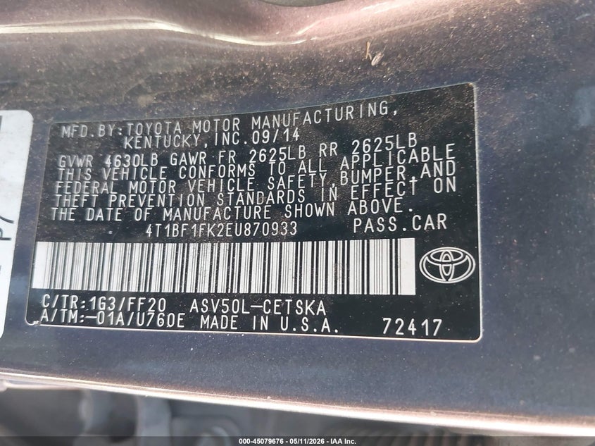 2014 TOYOTA CAMRY SEDAN 2.5L I-4 DOHC, VVT, 178HP