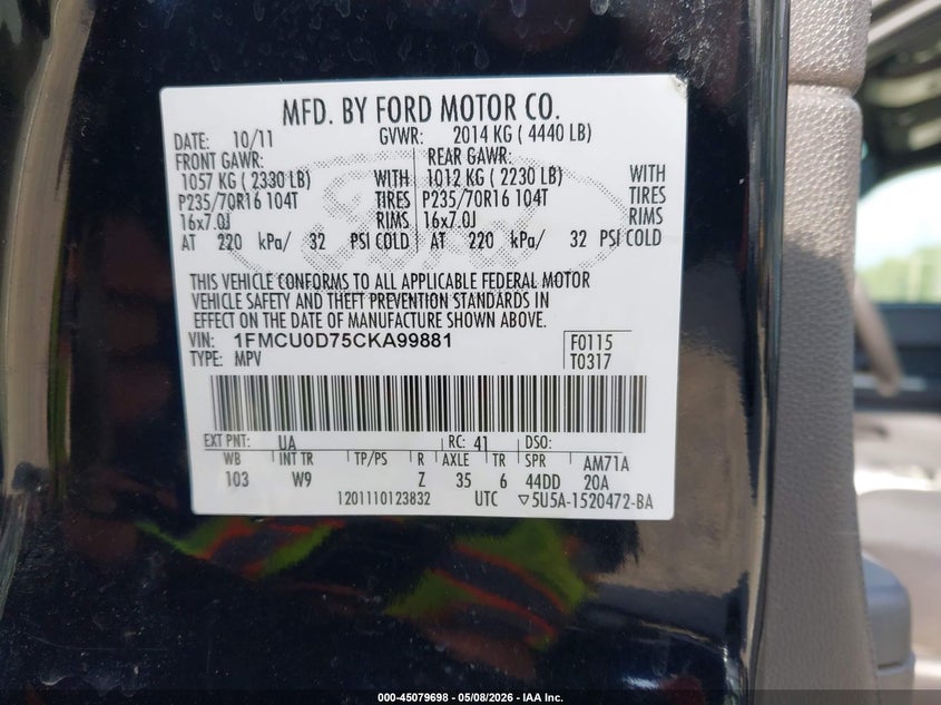 2012 Ford Escape 2.5 Xlt Black Lot 111045079698 Vin 1FMCU0D75CKA99881