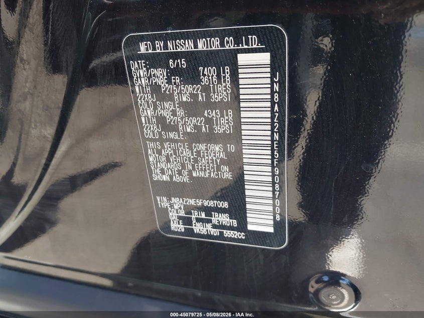 2015 Infiniti Qx80 Limited VIN: JN8AZ2NE5F9087008 Lot: 45079725