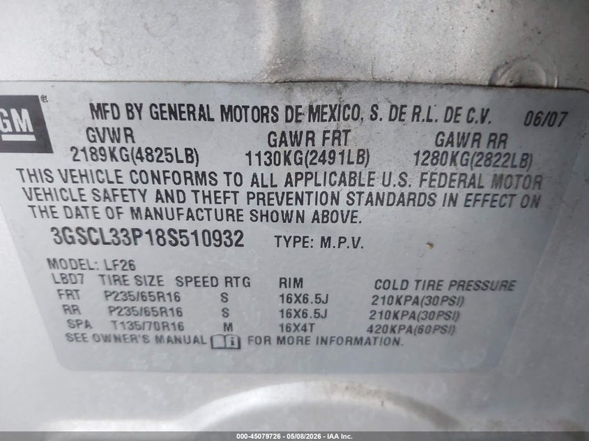 2008 Saturn Vue 4-Cyl Xe VIN: 3GSCL33P18S510932 Lot: 45079726