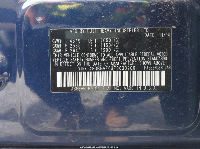 2015 SUBARU LEGACY SEDAN 2.5L H-4 DOHC, VVT, 175HP