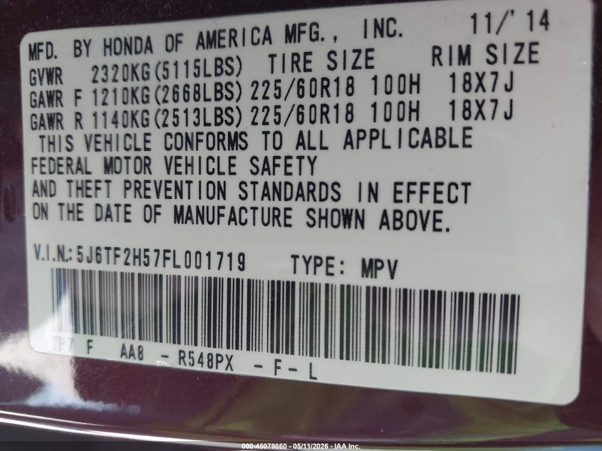 2015 Honda Crosstour Ex-L V6 VIN: 5J6TF2H57FL001719 Lot: 45079860