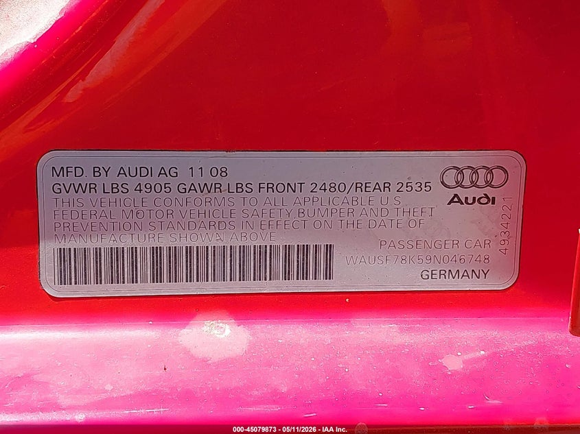 2009 AUDI A4 SEDAN 2.0L I-4 DI, DOHC, VVT, TURBO, 211HP