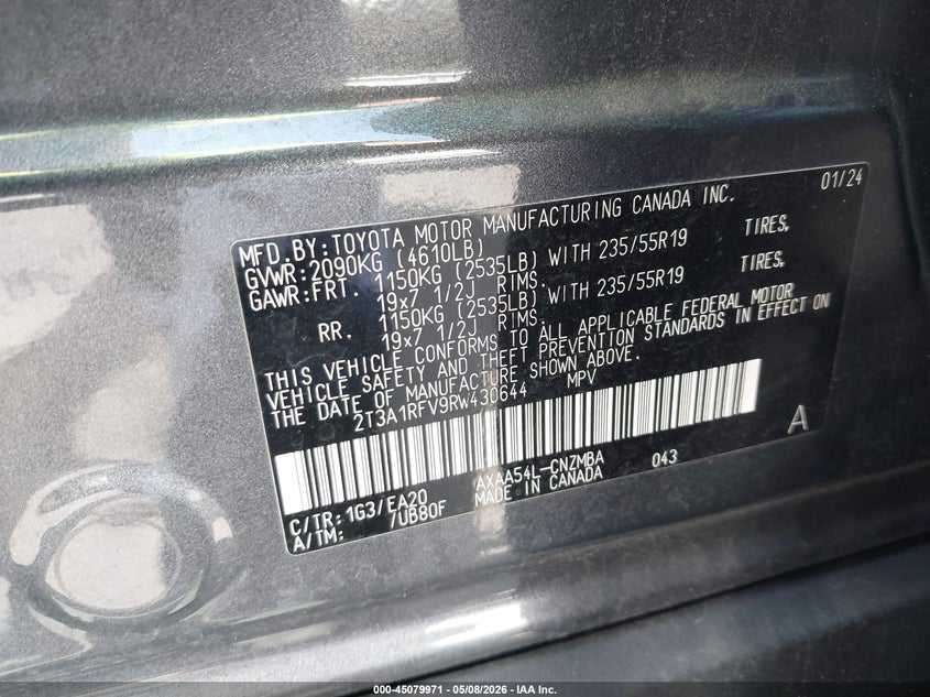 2024 TOYOTA RAV4 2.5L I-4 DI, DOHC, V(VIN: 2T3A1RFV9RW430644