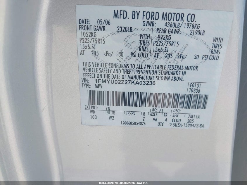 2007 FORD ESCAPE SPORT UTILITY VEHICLE 2.3L I-4 DOHC, 153HP