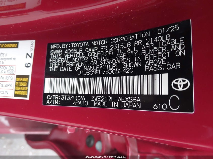 VIN JTDBCMFE7S3082420 2025 TOYOTA COROLLA HYBRID SE