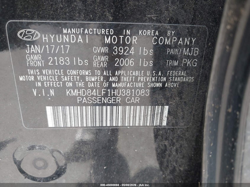 VIN KMHD84LF1HU381083 2017 HYUNDAI ELANTRA SE
