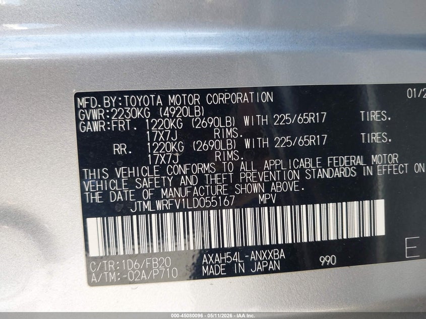 2020 TOYOTA RAV 4 SPORT UTILITY VEHICLE 2.5L I-4 DI, DOHC, VVT, 176HP