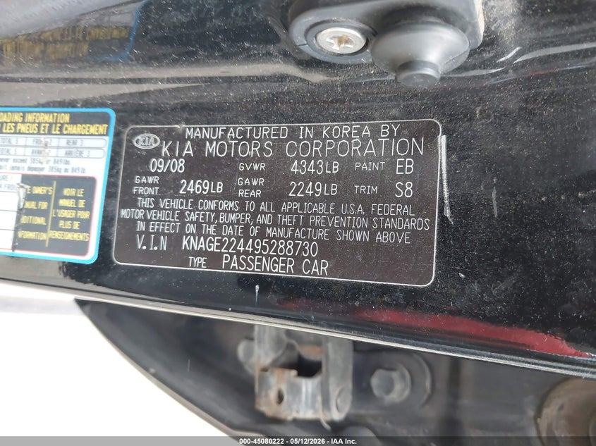 2009 Kia Optima Ex V6 VIN: KNAGE224495288730 Lot: 45080222