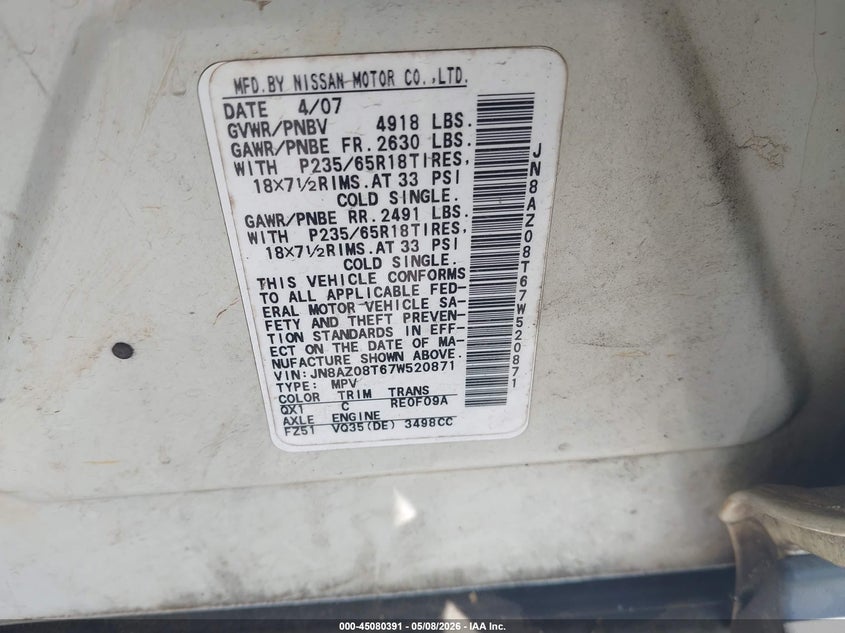 2007 Nissan Murano S VIN: JN8AZ08T67W520871 Lot: 45080391