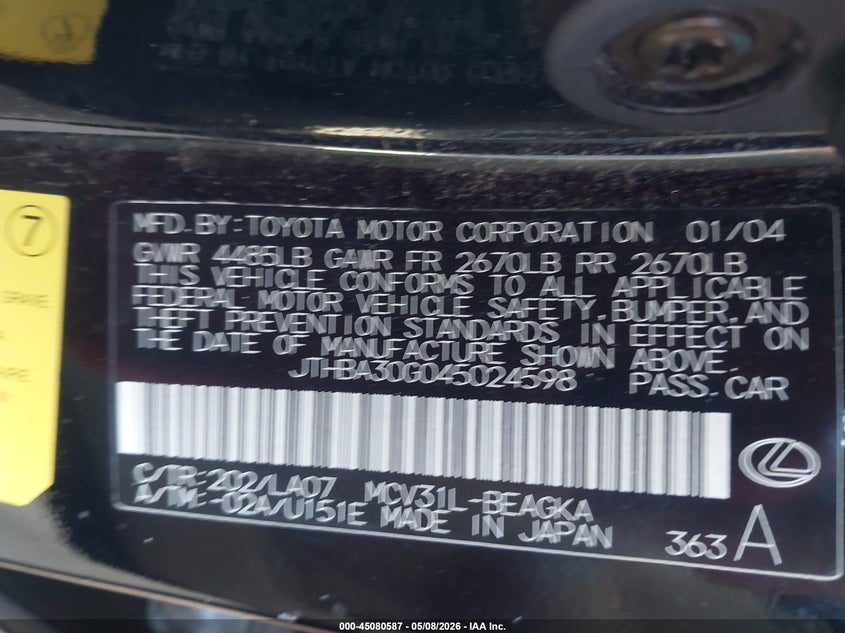 2004 Lexus Es 330 VIN: JTHBA30G045024598 Lot: 45080587