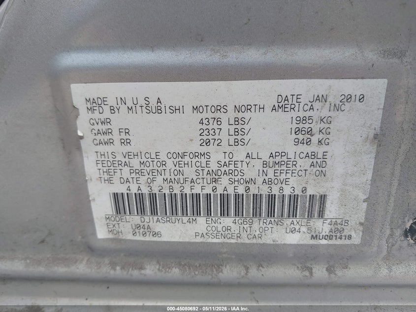 2010 Mitsubishi Galant Fe VIN: 4A32B2FF0AE013830 Lot: 45080692