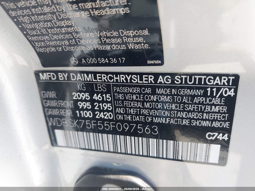2005 Mercedes-Benz Sl 500 VIN: WDBSK75F55F097563 Lot: 45080821