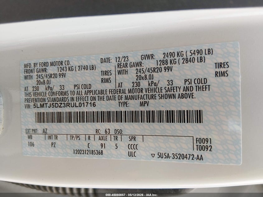 2024 Lincoln Corsair Grand Touring VIN: 5LMTJ5DZ3RUL01716 Lot: 45080857