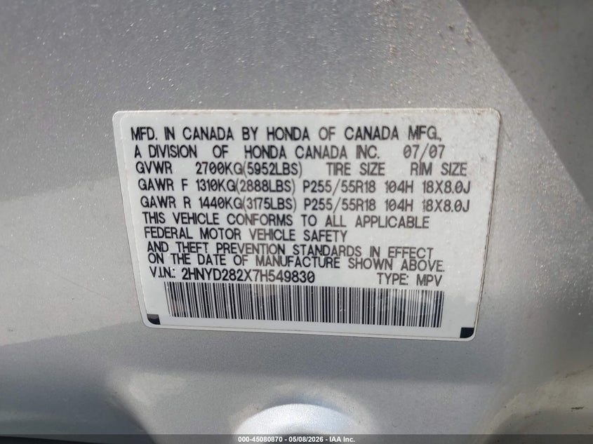 2007 Acura Mdx VIN: 2HNYD282X7H549830 Lot: 45080870