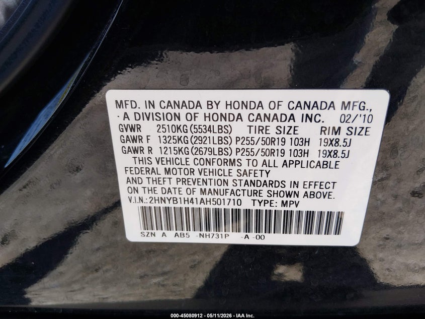 2010 Acura Zdx VIN: 2HNYB1H41AH501710 Lot: 45080912