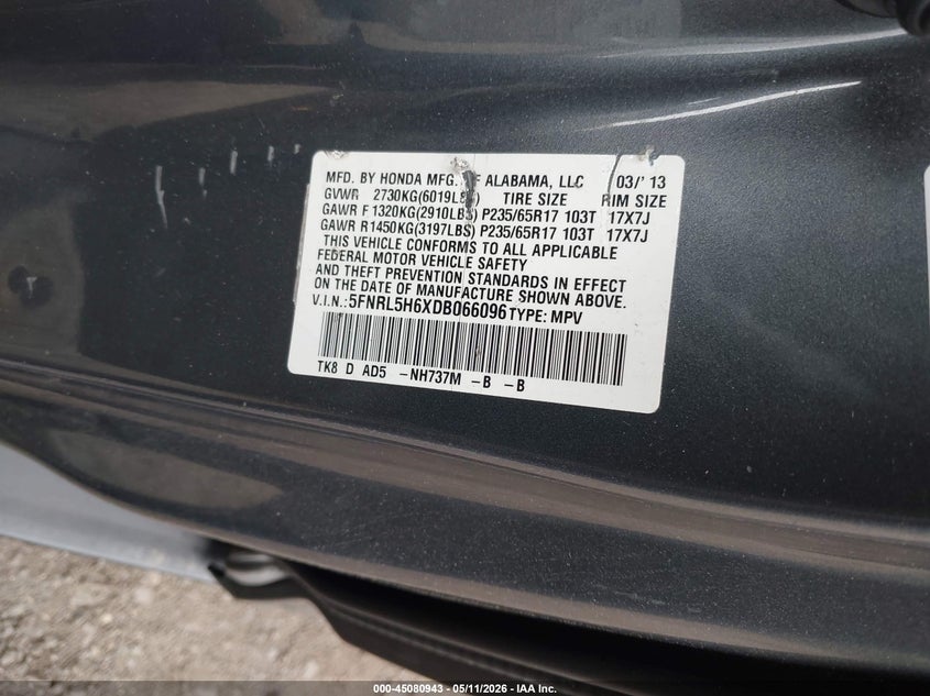 HONDA ODYSSEY 2013 VIN 5FNRL5H6XDB066096