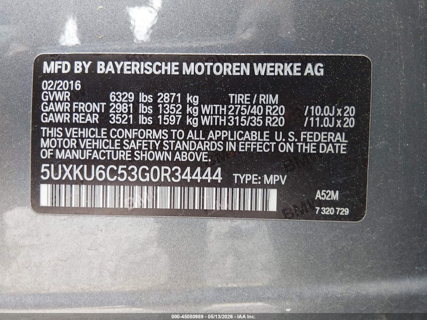 2016 BMW X6 xDrive50I VIN: 5UXKU6C53G0R34444 Lot: 45080989
