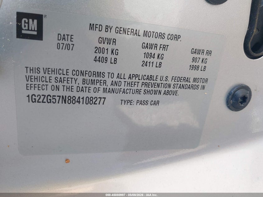 2008 Pontiac G6 VIN: 1G2ZG57N884108277 Lot: 45080997