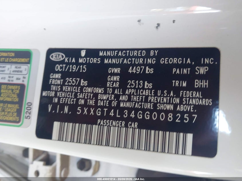 2016 Kia Optima Lx VIN: 5XXGT4L34GG008257 Lot: 45081014
