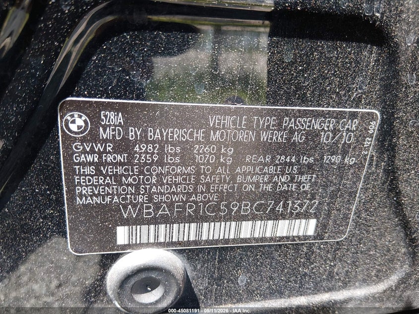 2011 BMW 5 series 3.0 528i Black Lot 111045081191 Vin WBAFR1C59BC741372