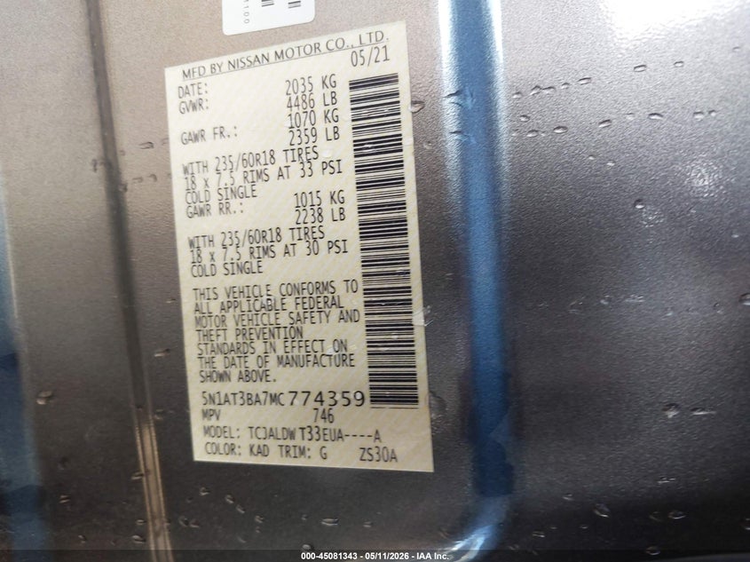 VIN 5N1AT3BA7MC774359 2021 NISSAN ROGUE SV FWD
