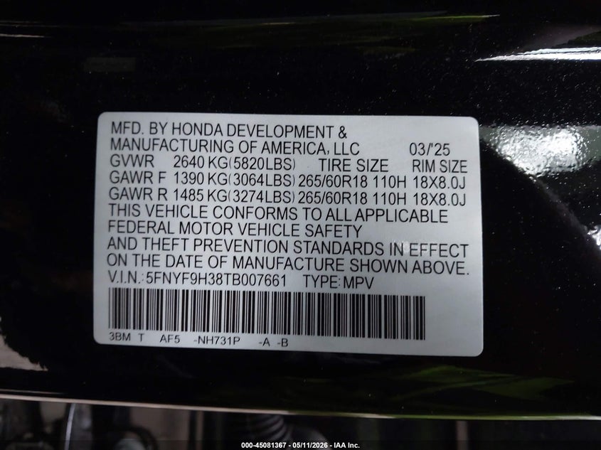 2026 Honda Passport Awd Rtl/Awd Rtl Blackout/Awd Rtl Towing VIN: 5FNYF9H38TB007661 Lot: 45081367