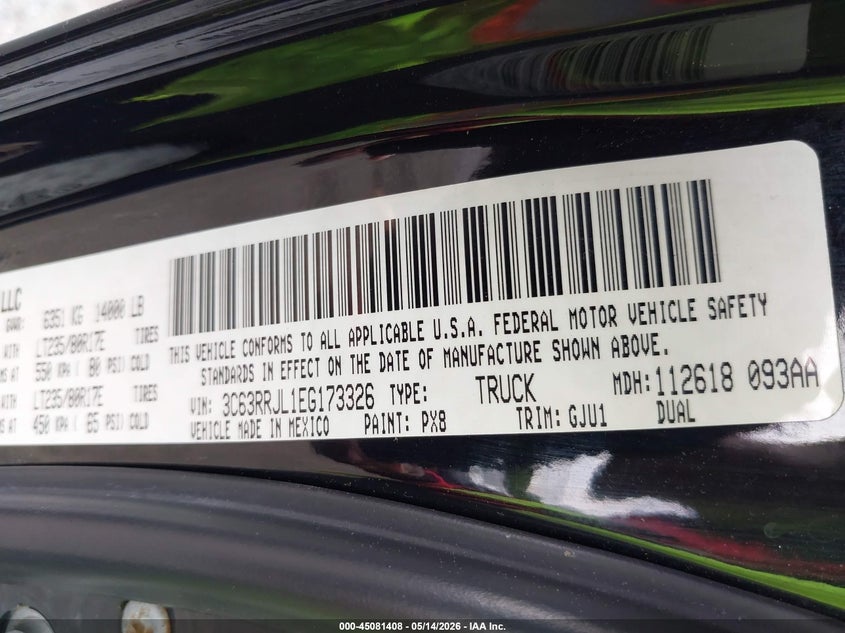 2014 Ram 3500 Laramie VIN: 3C63RRJL1EG173326 Lot: 45081408