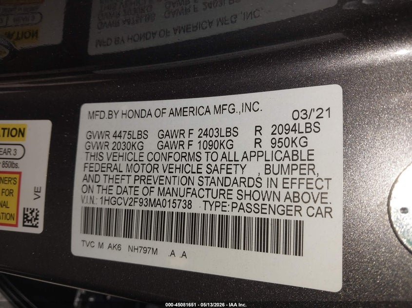 VIN 1HGCV2F93MA015738 2021 HONDA ACCORD TOURING