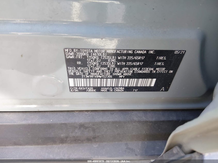 VIN 2T3W1RFVXMW152366 2021 TOYOTA RAV4 XLE