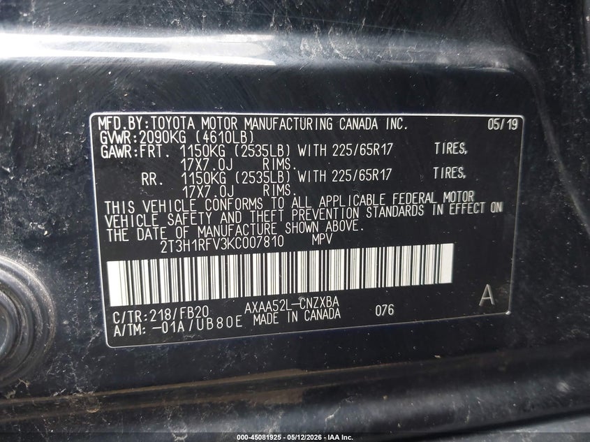 VIN 2T3H1RFV3KC007810 2019 TOYOTA RAV4 LE