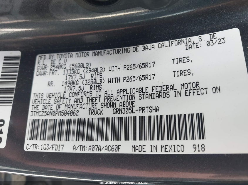 VIN 3TMCZ5AN0PM584062 2023 TOYOTA TACOMA TRD SPORT