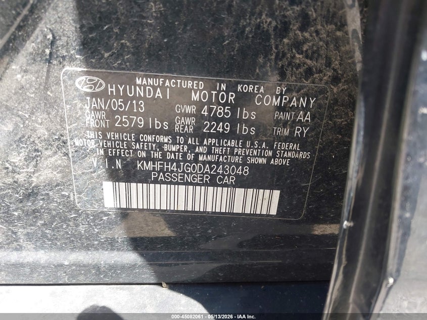 2013 Hyundai Azera VIN: KMHFH4JG0DA243048 Lot: 45082061