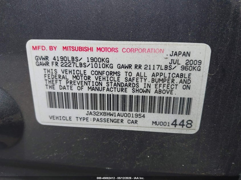2010 Mitsubishi Lancer Sportback Gts VIN: JA32X8HW1AU001954 Lot: 45082412