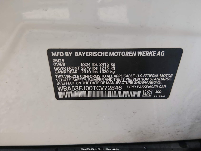 VIN: WBA53FJ00TCV72846 2026 BMW 530I XDRIVE