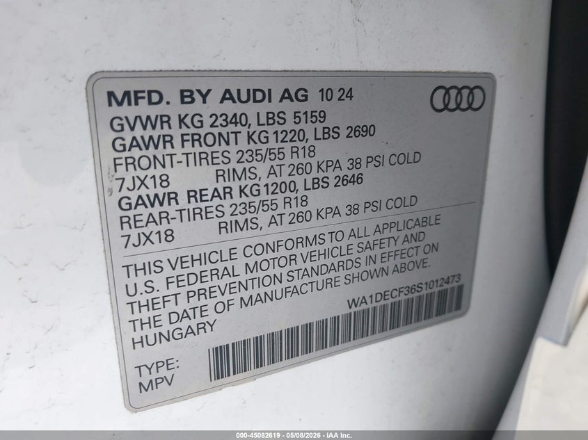 2025 Audi Q3 Premium 45 Tfsi S Line Quattro Tiptronic VIN: WA1DECF36S1012473 Lot: 45082619