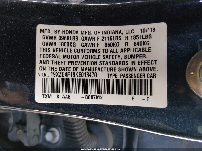 2019 Honda Insight Lx VIN: 19XZE4F19KE013470 Lot: 45082667