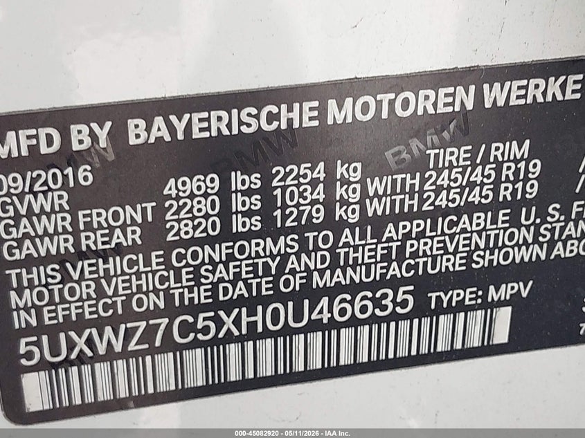 VIN: 5UXWZ7C5XH0U46635 2017 BMW X3 SDRIVE28I
