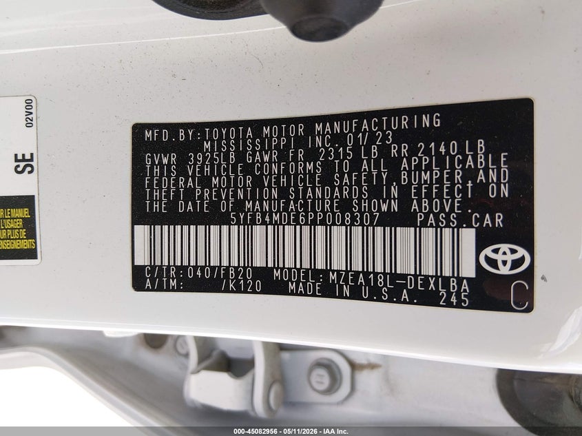 2023 TOYOTA COROLLA SEDAN 2.0L I-4 DI, DOHC, VVT, 169HP