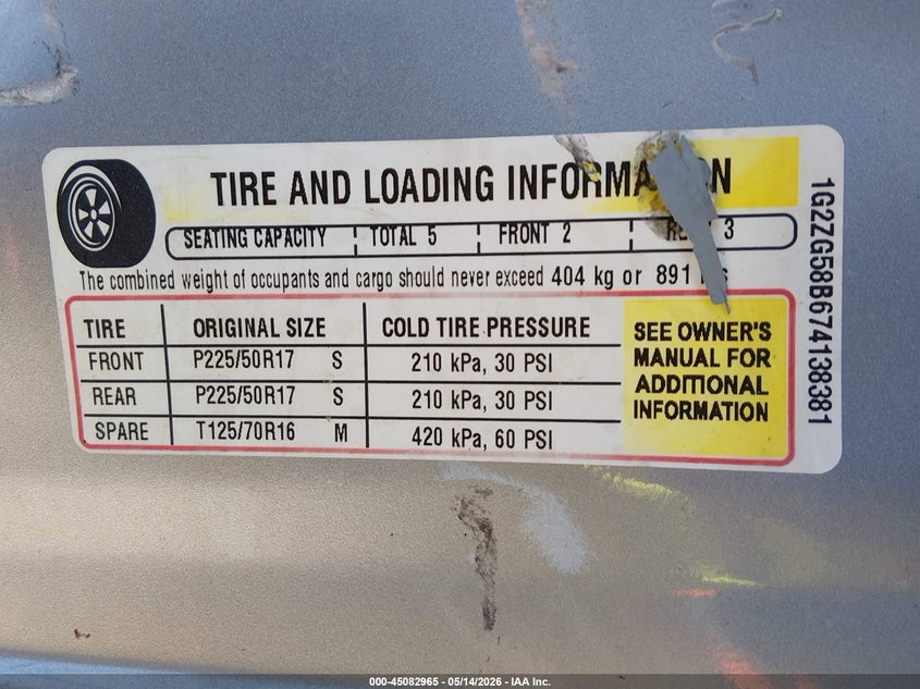 2007 Pontiac G6 VIN: 1G2ZG58B674138381 Lot: 45082965