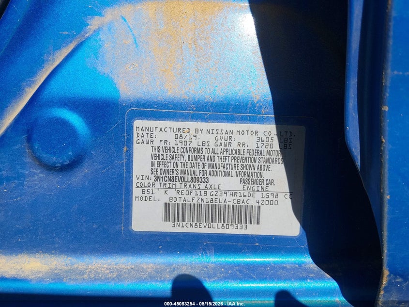 2020 NISSAN VERSA SEDAN 1.6L I-4 DOHC, VVT, 122HP